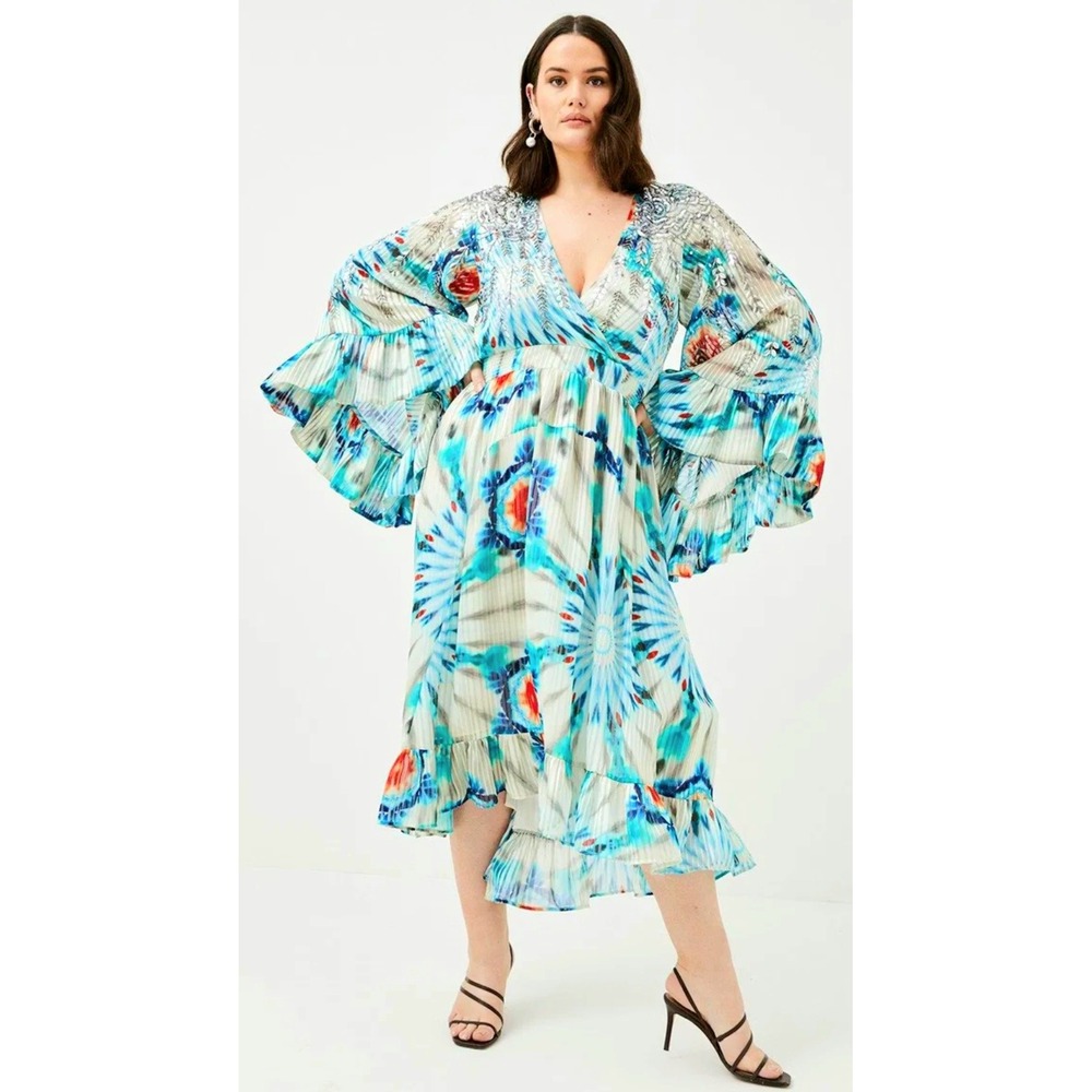 Karen Millen Curve Bead Embellished Woven Drama Kimono Dress‎ Blue US 16 NEW